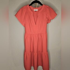 Calvin Klein Coral Pink Flutter Sleeve Tiered Gauze Mini Dress